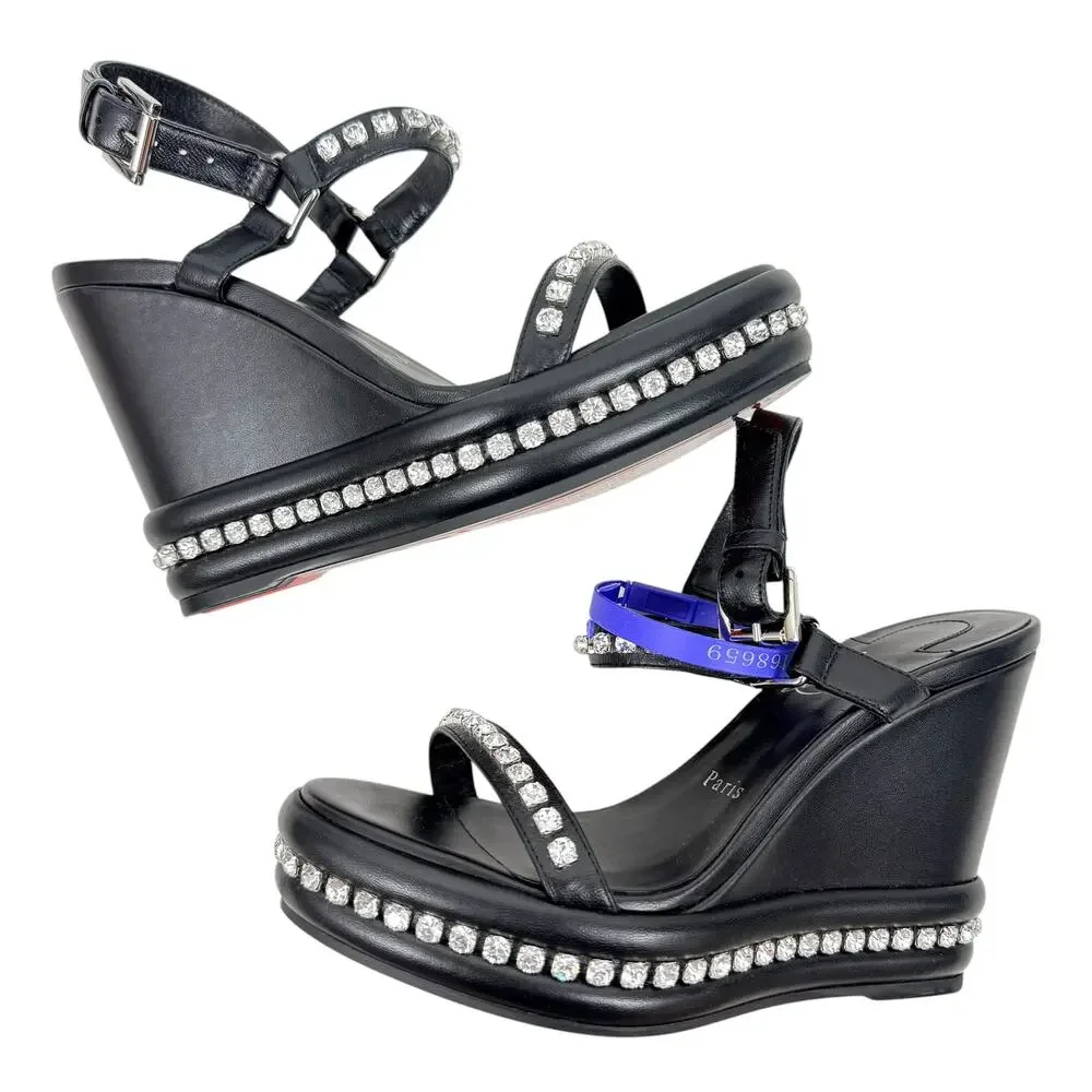 New Christian Louboutin Pyrastrass Crystals Wedge Sandals Black Size 37
